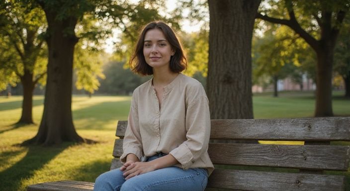 Een vrouw zit ontspannen op een houten bank in het park.