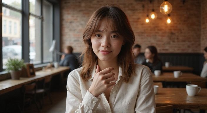 Een jonge vrouw glimlacht ontspannen aan een druk cafétafel.