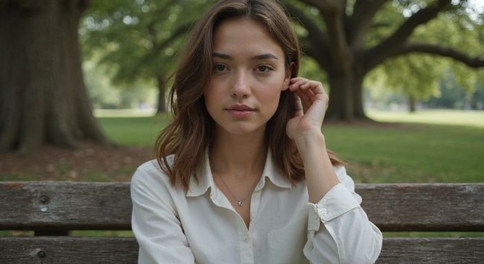 Hoe flirten vrouwen met mannen: Een jonge vrouw zit ontspannen op een houten parkbank.
