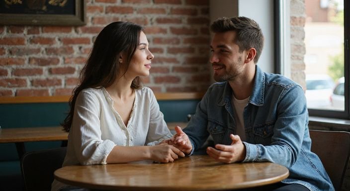 Een jonge man en vrouw delen een intiem moment in een café.