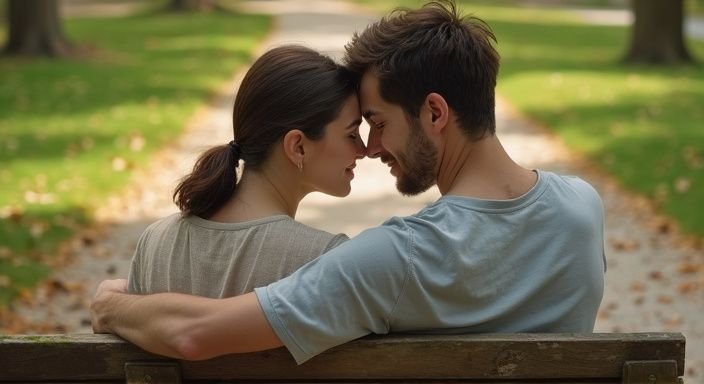 Een jong stel zit samen op een bank in het park.