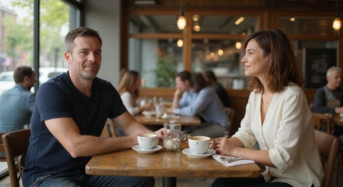 Een middelbare man geniet van een ontspannen moment in een café.