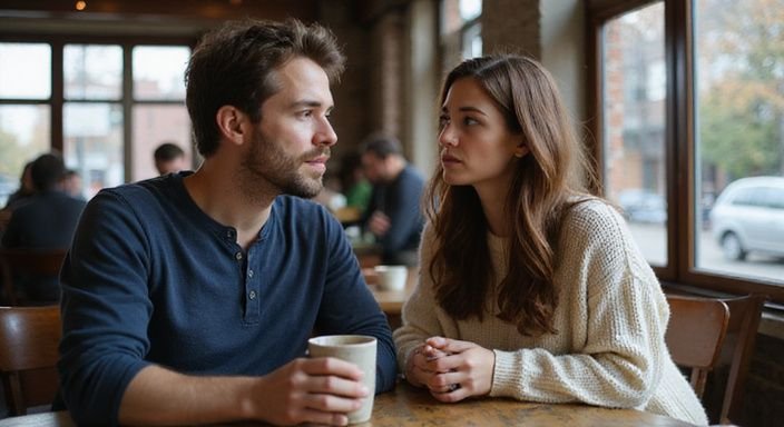 Een man observeert een vrouw in een druk café.