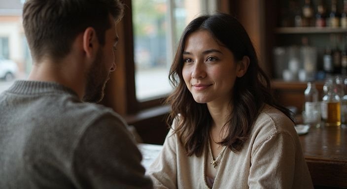 Een jonge vrouw met een warme glimlach zit aan de bar.