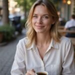 Een vrouw met een open houding geniet van een gesprek in een café