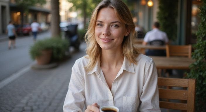 Hoe flirten vrouwen met mannen: Een vrouw met een open houding geniet van een gesprek in een café.