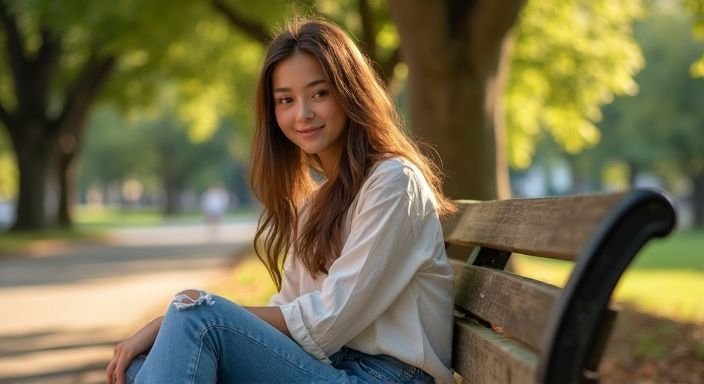 Een jonge vrouw glimlacht ontspannen op een houten bank in het park.