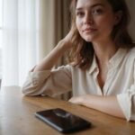 Een vrouw zit alleen aan een houten tafel met glazen