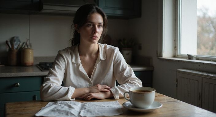 Een vrouw in gedachten zit aan een verouderde keukentafel.