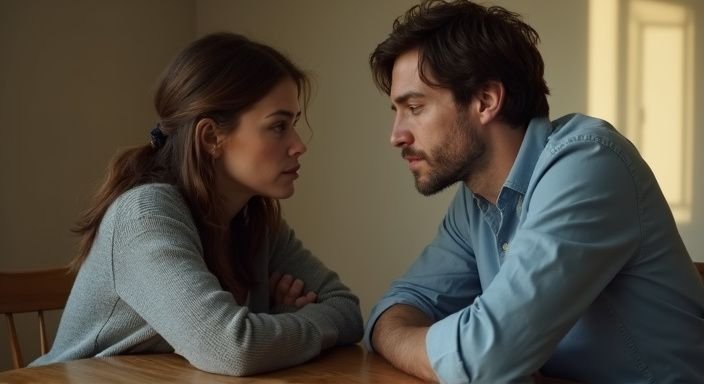 Een vrouw en man hebben een zorgzaam gesprek aan tafel.