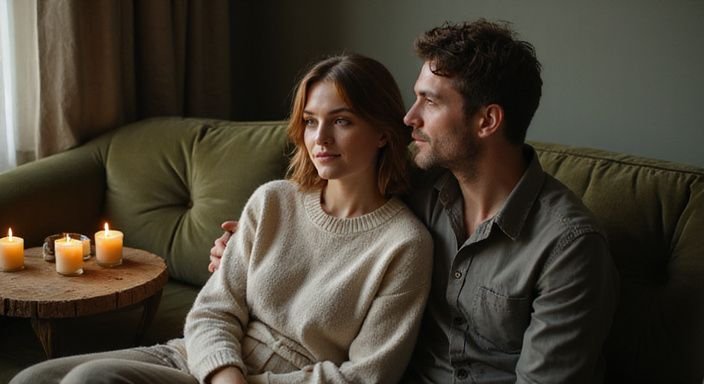 Een man en vrouw delen een intiem moment op een elegante bank.