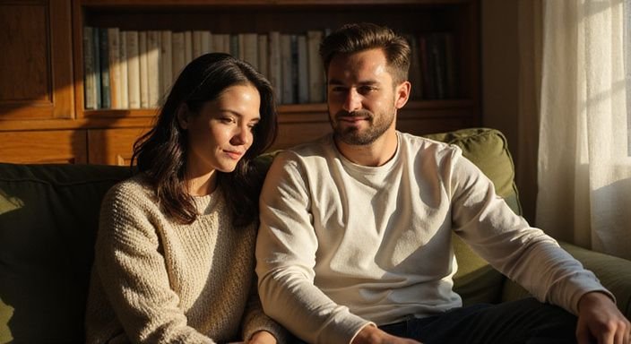 Een jonge vrouw en man delen een intieme, reflectieve moment op een sofa.