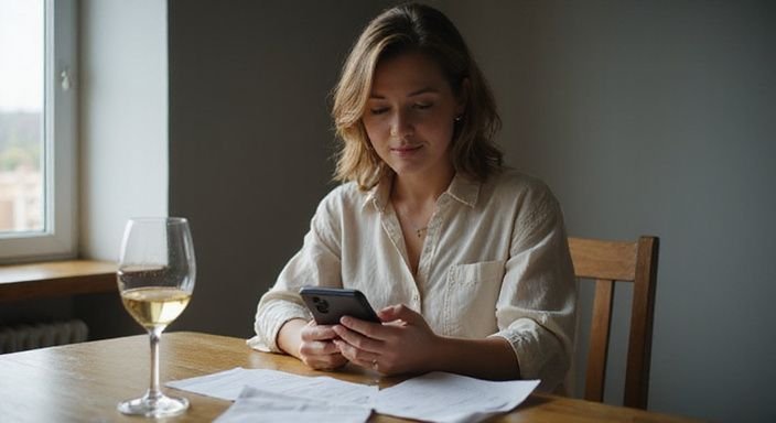 Een vrouw zit alleen aan een houten tafel, verdiept in haar smartphone.