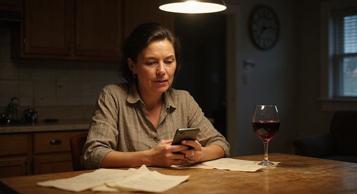 Een middenjarige vrouw zit bezorgd aan een keukentafel met documenten.