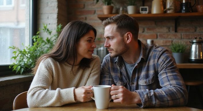 Waarom vrouwen vreemdgaan: Een vrouw en een man genieten van elkaars gezelschap in een café.