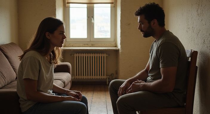 Waarom vrouwen vreemdgaan; Twee mensen zitten ver uit elkaar in een ongemakkelijke woonruimte.