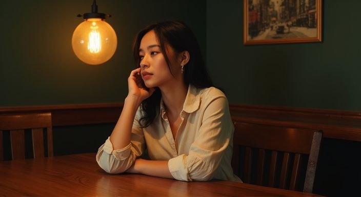 Een vrouw in een restaurant, alleen en diep in gedachten.