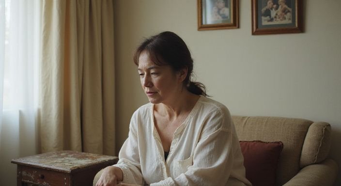 Een vrouw zit in een versleten fauteuil, diep in gedachten verloren.