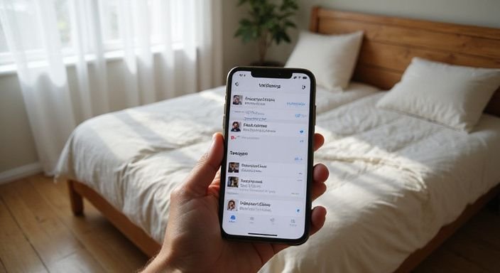 Een smartphone toont GFE-aanbiedingen in een sfeervolle slaapkamer.