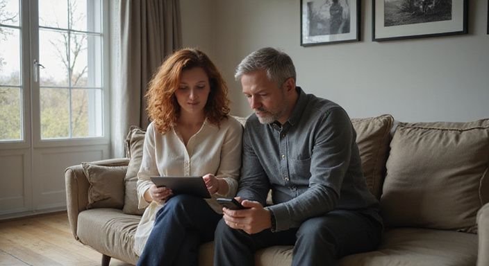 Een koppel zit in een gezellige woonkamer en leest op apparaten.