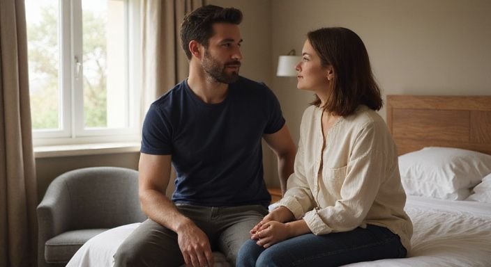 Een man en vrouw voeren een intiem gesprek in een hotelkamer.