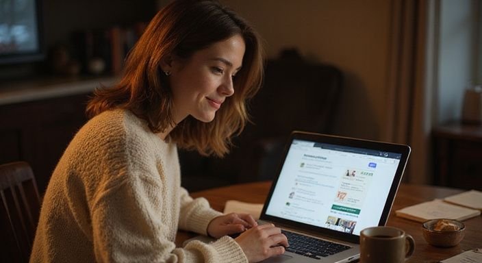 Een vrouw in een gezellige kamer werkt geconcentreerd op haar laptop.