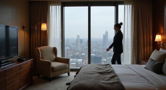 Een luxe hotelkamer met een ontspannen silhouet tegen het raam.