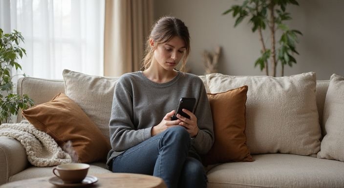 Een vrouw in een sweater leest geconcentreerd op haar smartphone.