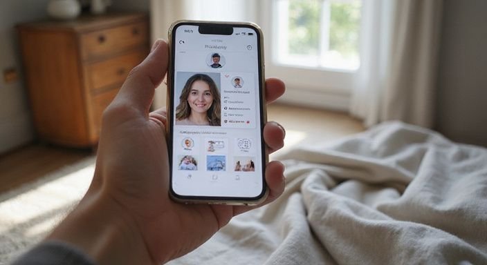 Een smartphone toont een datingapp voor sexcontact Eindhoven in een gezellige slaapkamer.
