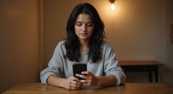 Vrouw in grijze trui, zoekt op haar smartphone naar sexcontact Eindhoven in rustige kamer.