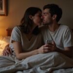 Een man en een vrouw delen een intieme kus in een slaapkamer