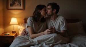 Een man en een vrouw delen een intieme kus in een slaapkamer