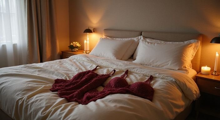 Een intieme slaapkamer met een luxe bed en lingerie set.