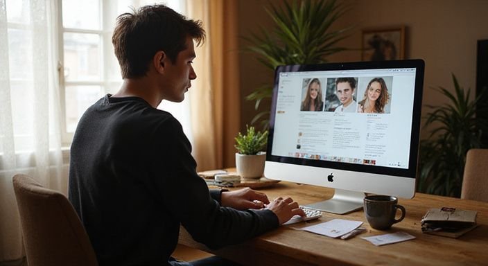 Iemand kijkt geconcentreerd naar datingprofielen op een computer.