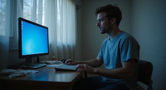 Een man in zijn dertiger jaren werkt geconcentreerd aan zijn computer.