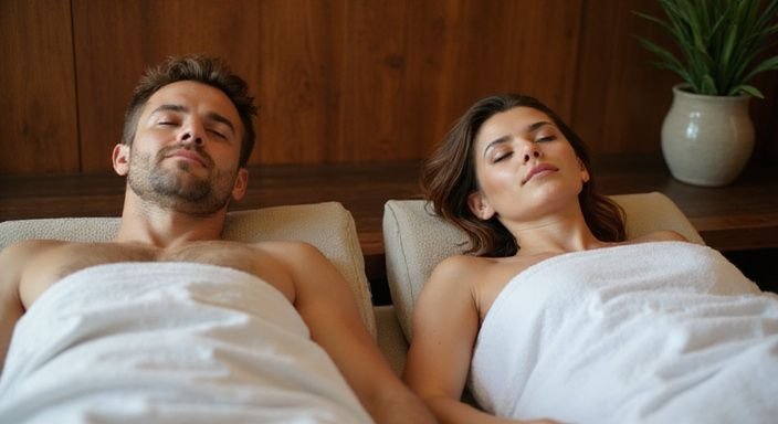 Een man en vrouw ontspannen op massagetafels in een spa.