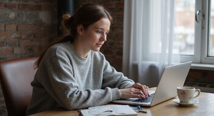 Een vrouw zit aan een bureau met een laptop zoekt sexcontact in Rotterdam.