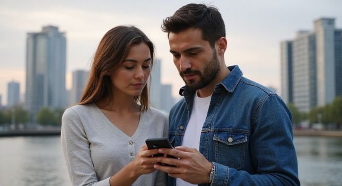 Een man en vrouw kijken samen naar een smartphone in Rotterdam op zoek naar sexcontact Rotterdam.