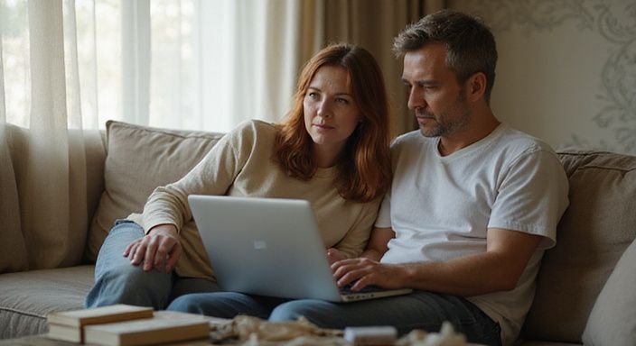 Een middelbare man en vrouw zitten samen op een bank met een laptop en willen sexcontact in Rotterdam.