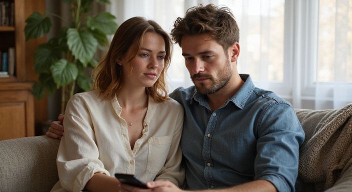 Een vrouw en man zitten dicht bij elkaar op een bank.