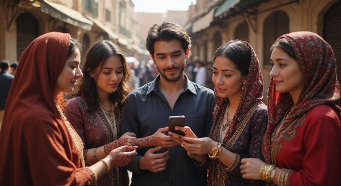 Een jonge man communiceert vriendelijk met een groep vrouwen.