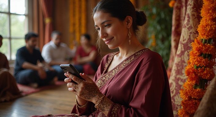 Een vrouw in een maroon saree glimlacht terwijl ze haar smartphone gebruikt.