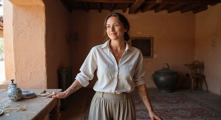 Een vrouw in een Marokkaans huis bewondert henna en sieraden.