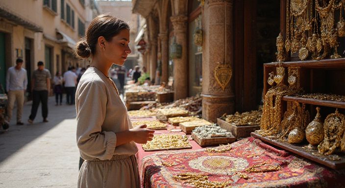 Drukke Marokkaanse markt met sieraden en kleurrijke stoffen.