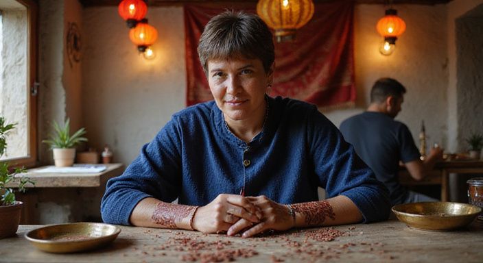 Een vrouw versiert haar huid met intricat henna-patronen aan een tafel.