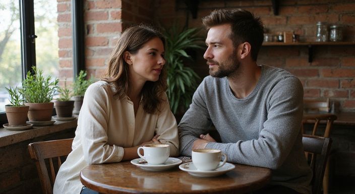 Een vrouw en man in een intiem gesprek over Marokkaanse vrouwen versieren aan een cafétafel.