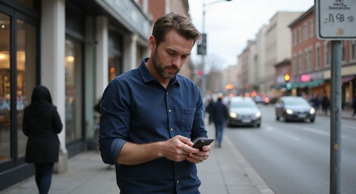 Een man typt geconcentreerd op zijn smartphone op een drukke straat en wil Marokkaanse vrouwen versieren.