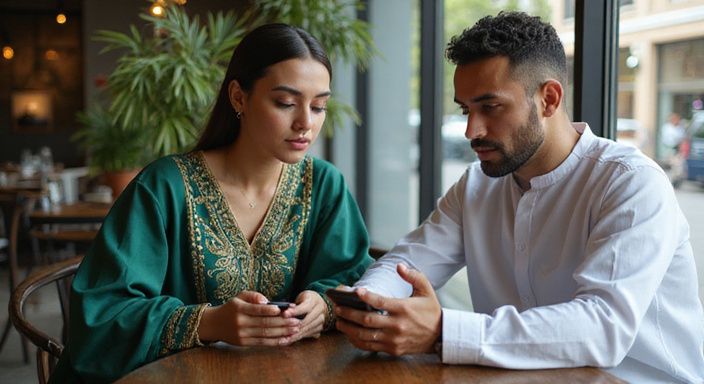 Een man en vrouw bespreken Marokkaanse vrouwen versieren in een modern café.