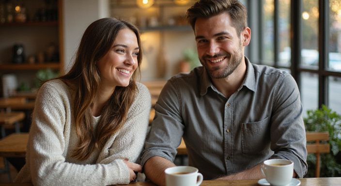 Een vrouw en man delen een lach in een café. Een vrouw en man delen een lach in een café.
