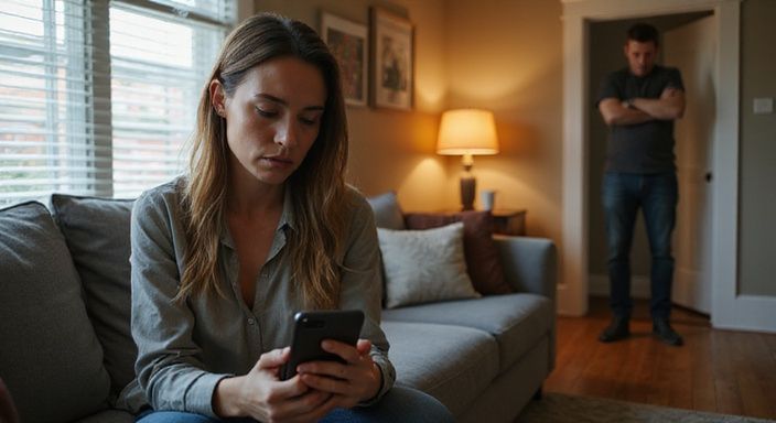 Een vrouw in spanning kijkt naar haar telefoon, terwijl een man afstand houdt. Een vrouw in spanning kijkt naar haar telefoon om stiekem te flirten, terwijl een man afstand houdt.